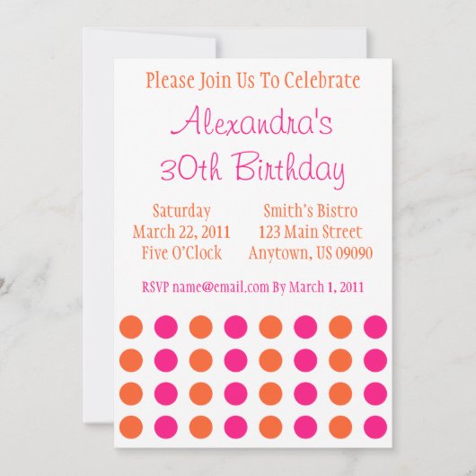 Polka Dots Invitation (Hot Pink / Oranje) Kaart (Voorkant)