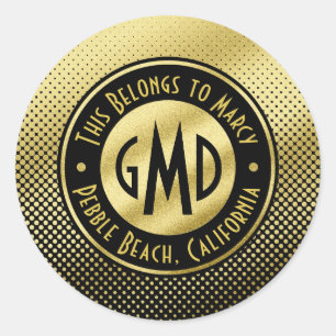 Polka Dots Monogram Gold Glitter Black Modern Ronde Sticker