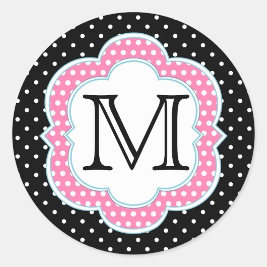 Polka Dots Monogram Roze Blauw Zwart Ronde Sticker (Voorkant)