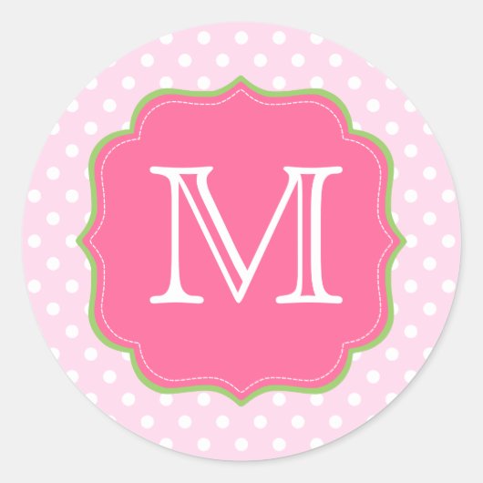 Polka Dots Monogram Roze en Groen Ronde Sticker (Voorkant)