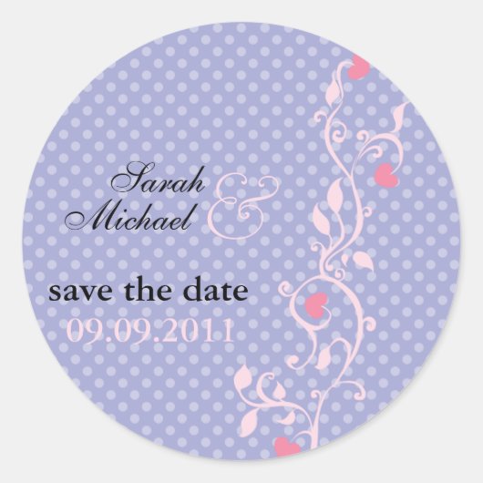 Polka Dots Paars Floral Vine Wedding Ronde Sticker (Voorkant)