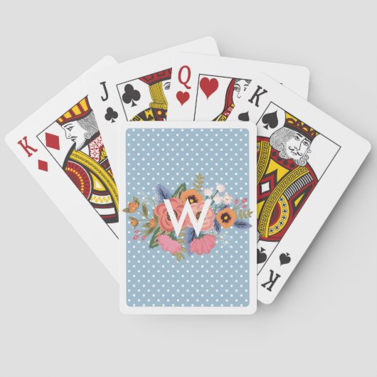 Polka Dots Pastel Flowers Monogram Pokerkaarten (Achterkant)