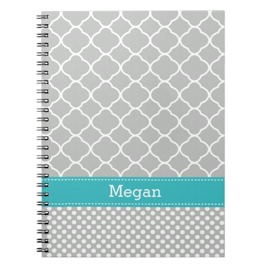 Polka Dots Pattern Aqua and Grey Custom Name Notitieboek (Voorkant)