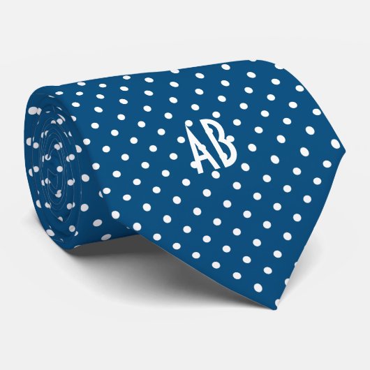 Polka Dots Pattern met Monogram (Donkerblauw) Stropdas (Opgerold)