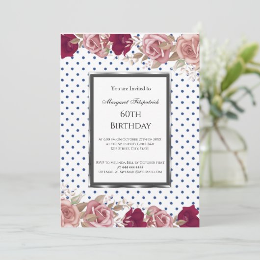 Polka Dots Red Roze Roses Birthday White Kaart (Staand voorkant)