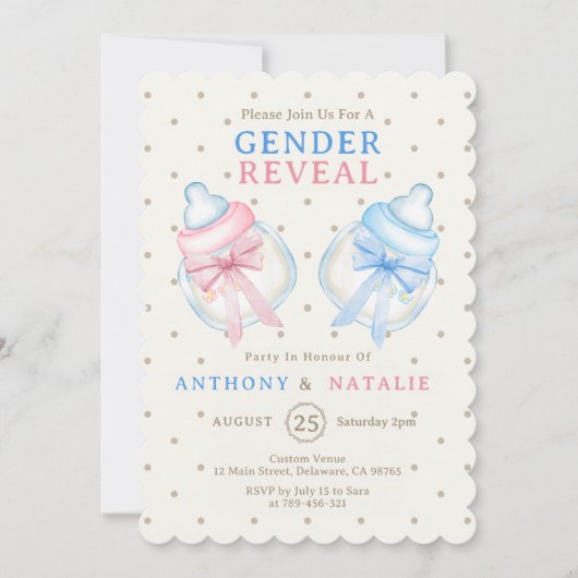 Polka Dots Roze Blauwe Bow Melk Flesje Geslacht On Kaart (Voorkant)