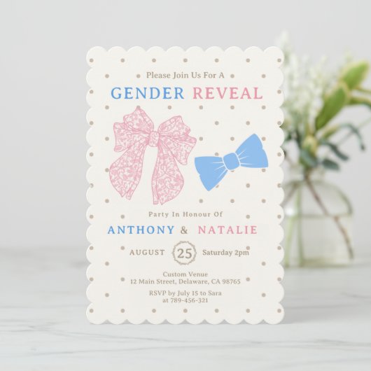 Polka Dots Roze lint Blauwe strik Stropdas Geslach Kaart (Staand voorkant)