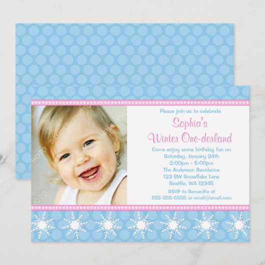 Polka Dots Snowflakes Winter Onederland Birthday Kaart (Voorkant / Achterkant)