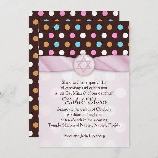 Polka dots, ster van David Bat Mitzvah Uitnodiging (Voorkant / Achterkant)