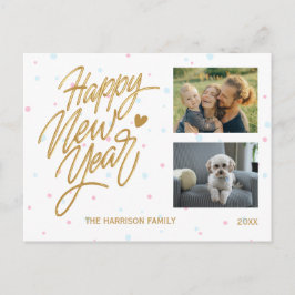 Polka Dots Twee foto's Nieuwjaar Gouden Kalligrafi Briefkaart