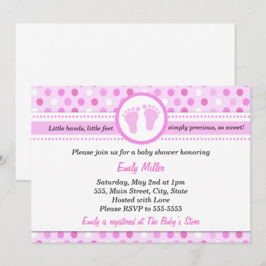 Polka Dots Uitnodiging Baby Girl Douche Roze (Voorkant / Achterkant)