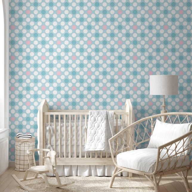 Polka dots wit roze blauw retro behang (Kinderen)