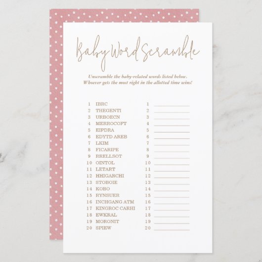 Polka Dots Word Scramble Animals Baby shower Game (Voorkant / Achterkant)