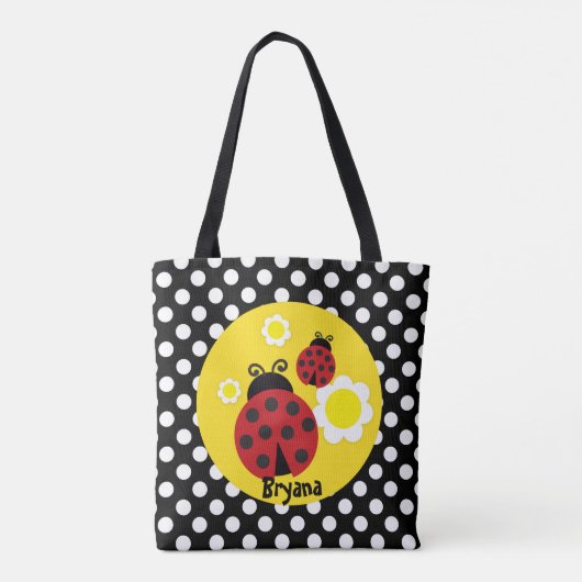 Polka Dots Yellow Flowers Whimsical Red Ladybug Tote Bag (Achterkant)