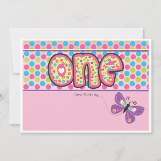 Polka Dotted, Butterfly First Birthday Invite Kaart (Voorkant)