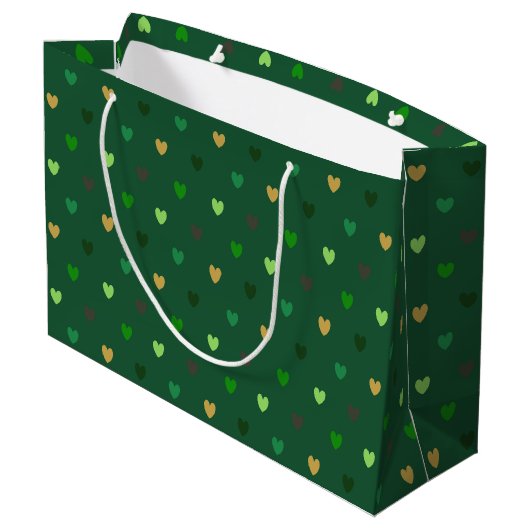 Polka harten op bosgroen groot cadeauzakje (Achterkant Gekanteld)