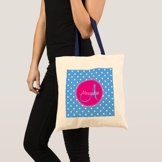 Polka stip monogram initiaal naam patroon blauwe r tote bag (Voorkant (product))