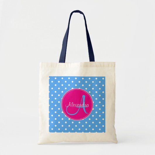 Polka stip monogram initiaal naam patroon blauwe r tote bag (Voorkant)