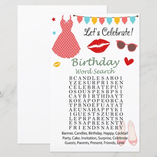 Polka-stip op Birthday Word Search Game (Voorkant / Achterkant)