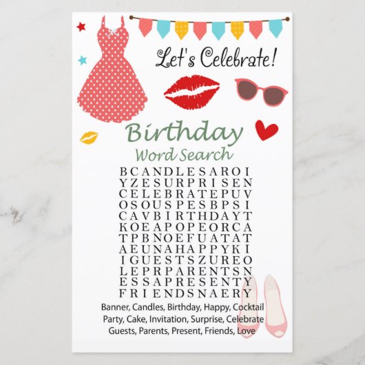 Polka-stip op Birthday Word Search Game (Voorkant)
