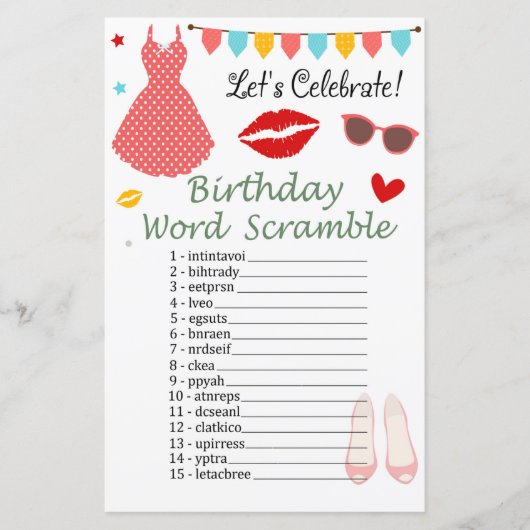Polka-stipkledij Birthday Word Scramble Game (Voorkant)