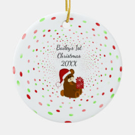 Polka Stippen en Beer Eerste Kerstmis Keramisch Ornament