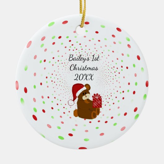 Polka Stippen en Beer Eerste Kerstmis Keramisch Ornament (Voorkant)