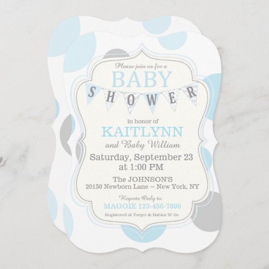 Polka-stippen en Bunting Modern Baby shower Uitnod Kaart (Voorkant / Achterkant)