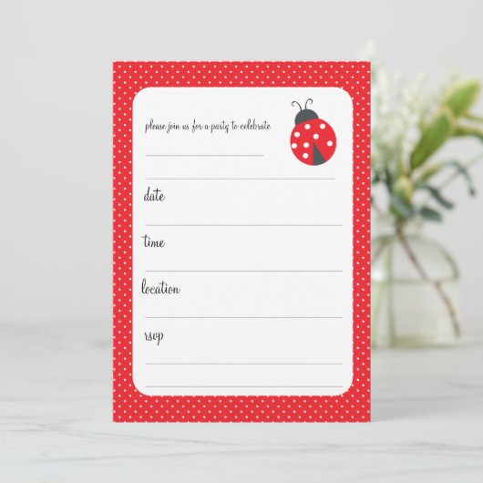 Polka-stippen en ladybug-verjaardagsuitnodiging kaart (Staand voorkant)