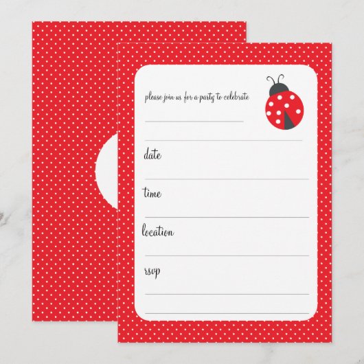 Polka-stippen en ladybug-verjaardagsuitnodiging kaart (Voorkant / Achterkant)