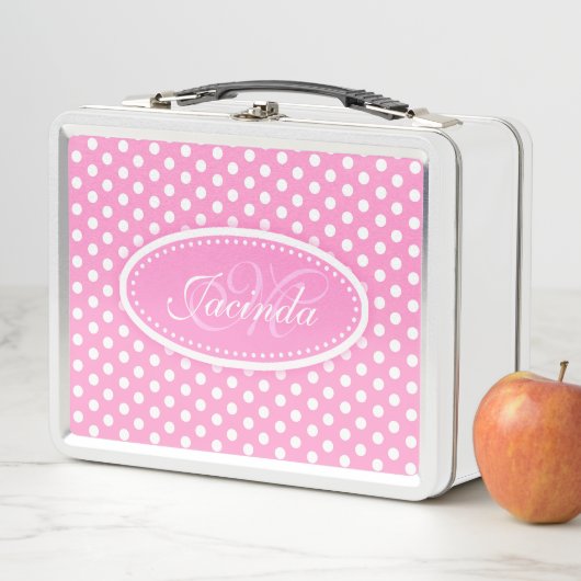 Polka stiproze meisjes naam monogram lunchbox (In situ)