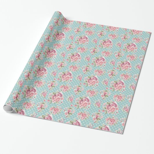 Polka stipt roodbaars blauw wit elegant cadeaupapier (Uitgerold)