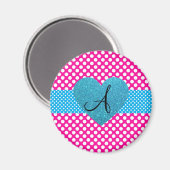 Polka stipt roze en witte monogram magneet (Voorkant / Achterkant)