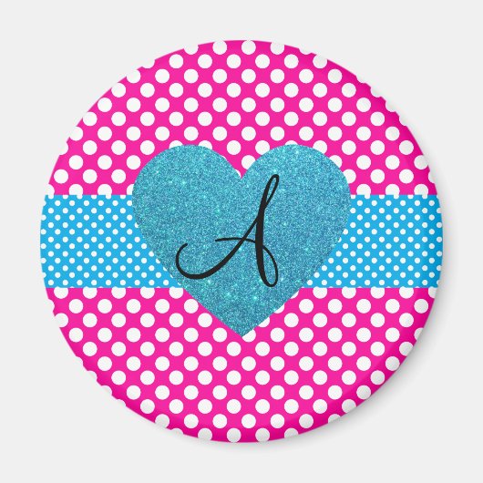 Polka stipt roze en witte monogram magneet (Voorkant)