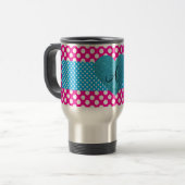 Polka stipt roze en witte monogram reisbeker (Voorkant links)