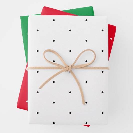 Polka stipt zwart wit rood groen minuscule chroomp inpakpapier vel (In situ)