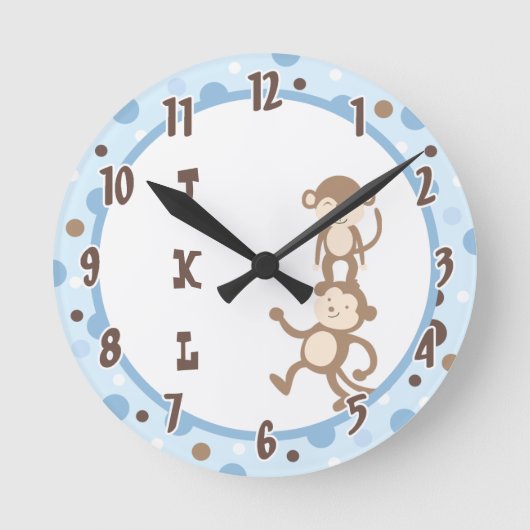 Polkadot Blue Funky Monkey Dansend Oerwoud Clock Ronde Klok (Voorkant)