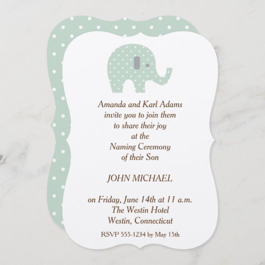 PolkaDot Elephant baby Boy Naming Ceremony Invite Kaart (Voorkant / Achterkant)