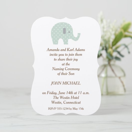 PolkaDot Elephant baby Boy Naming Ceremony Invite Kaart (Staand voorkant)