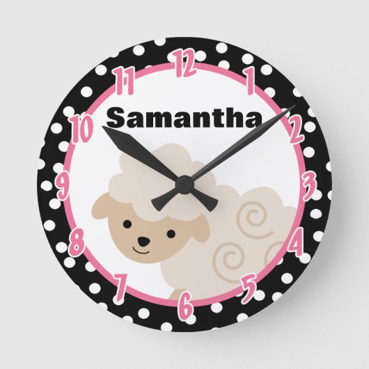 Polkadot Pink Country Boerderij Sheep Lamb Clock Ronde Klok (Voorkant)
