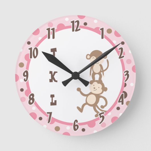 Polkadot Pink Funky Monkey Dansend Oerwoud Clock Ronde Klok (Voorkant)