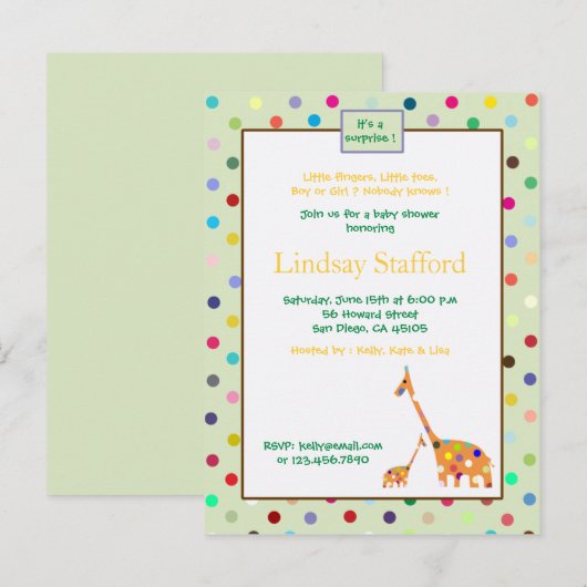 Polks Stippen giraffen- baby shower nodigt uit(gro Uitnodiging Briefkaart (Voorkant / Achterkant)