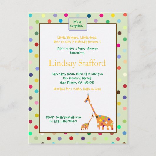 Polks Stippen giraffen- baby shower nodigt uit(gro Uitnodiging Briefkaart (Voorkant)