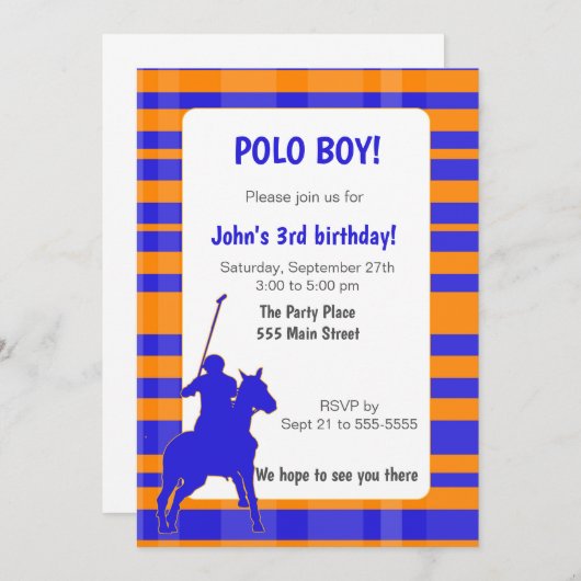Polo Boy Birthday Uitnodiging Royal Blue Sinaasapp (Voorkant / Achterkant)