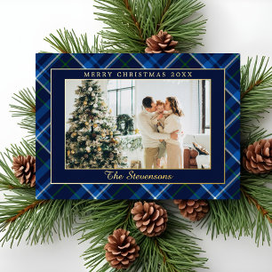 Polo Paardrijden Navy Blauwe Geruite Foto Kerstmis Folie Feestdagenkaart