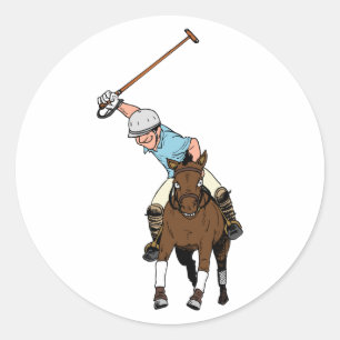 Polo Player Swings Mallet Rides Horse Polo Match Ronde Sticker