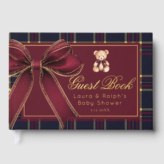 Polo Teddy Bear Gold Bow Classic Plaid Baby shower Gastenboek (Voorkant)