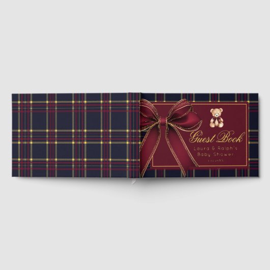 Polo Teddy Bear Gold Bow Classic Plaid Baby shower Gastenboek (Volledig)