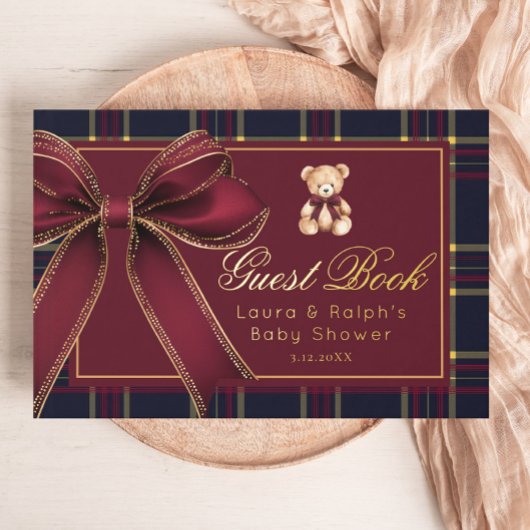 Polo Teddy Bear Gold Bow Classic Plaid Baby shower Gastenboek