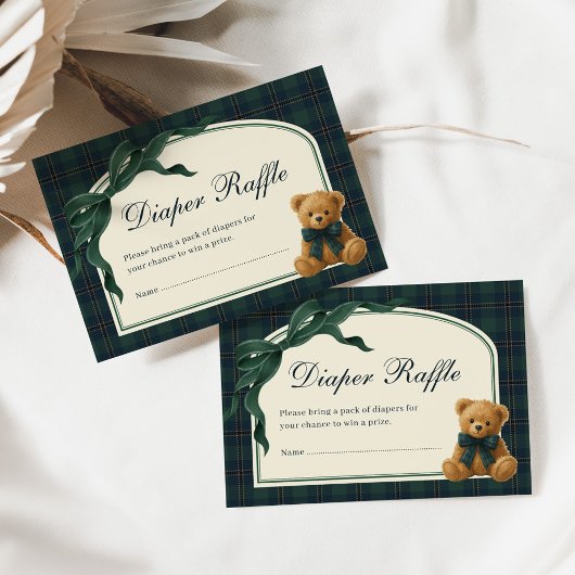 Polo Teddy Bear Green Bow Plaid Diaper Raffle Informatiekaartje